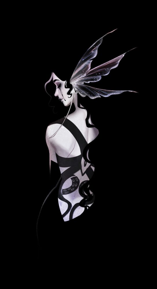 Goth fish woman profile shot, view of her back, low cut dress and her tentacle back tattoo. Translucent earrings, runny makeup, black tears, running mascar. Back view and profile view of her face fading into the background.
