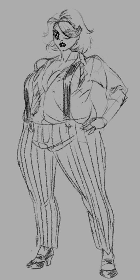 curvy woman in an unbuttoned shirt, pinstripe suit pants and suspenders