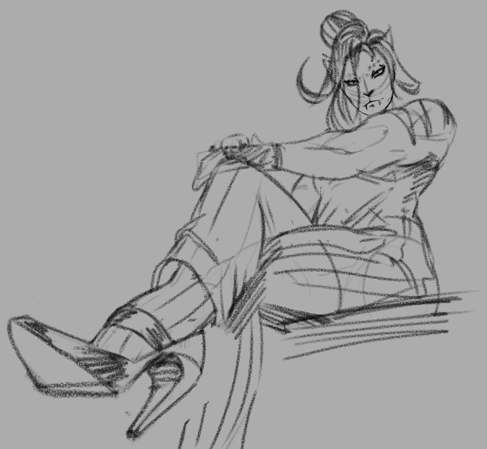 a leonine woman seen from a low angle, leg crossed dangling her high heel shoe