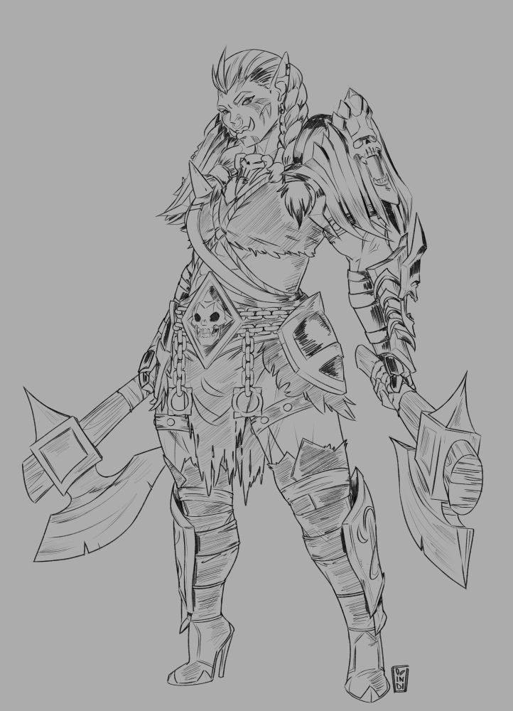 orc woman in armored plates resembling faces, holding twin axes in each hand, facing left