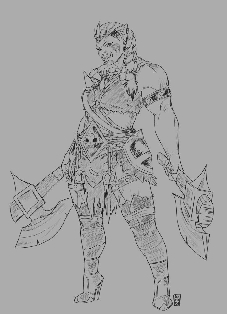 orc woman holding twin axes in each hand, facing left