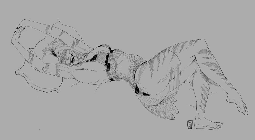 feline woman in a negligee waking up, yawning and stretching