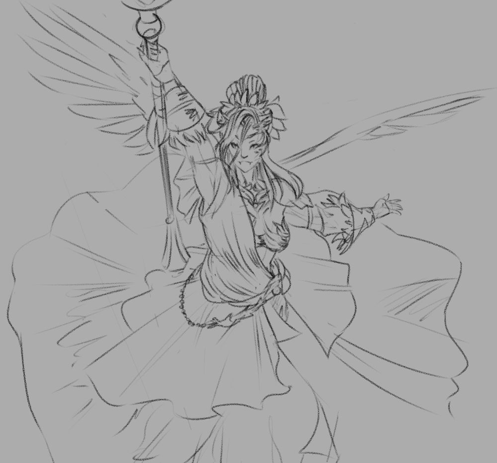 final fantasy hrothgar in a flowy dress holding up a scepter