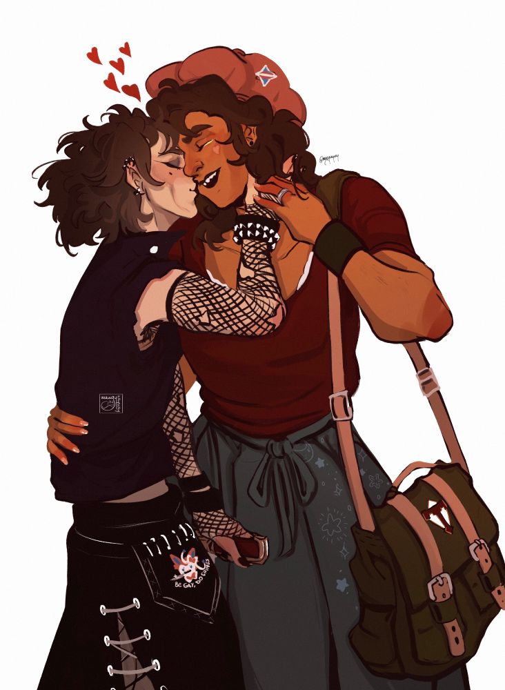Illustration of transfem Viktor and Jayce from Arcane. Vik is dressing in a punk style, inspired by Siouxsie and Jay is dressing in a more witch cottage core style. Viktor is in almost all black, with a Sylveon patch holding a knife with written "be gay, do crimes". Jay is wearing a pink reddish hat with a trans flag pin. She has a red shirt and a long green skirt with stars on it. She has a big bag with the Talis symbols on top of it.