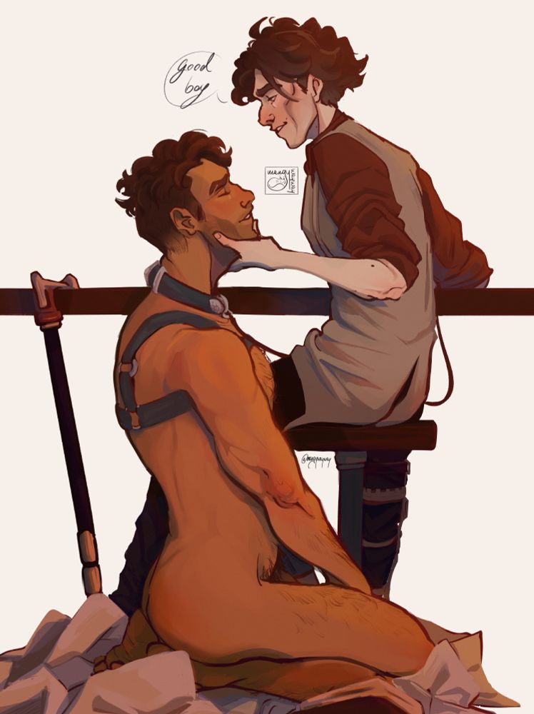 Illustration of Jayce and Viktor from Arcane. Jayce is kneeling on the ground, on top of his jacket, naked. He's near Viktor, that he's sitting (fully clothed) on a stool. He's cradling Jayce's face on his hand, while calling him "good boy"