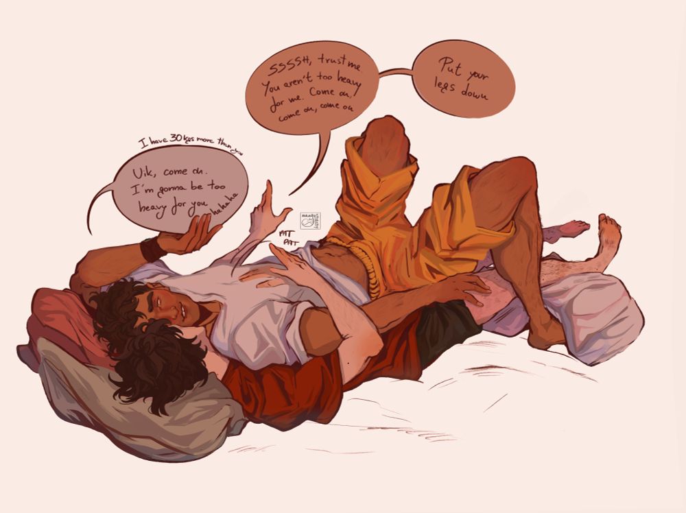 Illustration of Jayce and Viktor from Arcane. Viktor is laying down on a mattress, with a giant pillow under his head. Jayce is laying on top of him, back to chest. Jayce is holding up is speech bubble that say "Vik, come on. I'm gonna be too heavy for you. Hahaha " and "I have 30kgs more than you". Viktor speech bubble's says "Ssssh, trust me. You aren't too heavy for me. Come on, come on, come on" and "Put your legs down". Viktor is also patting Jayce chest in a "come on, trust me" gesture