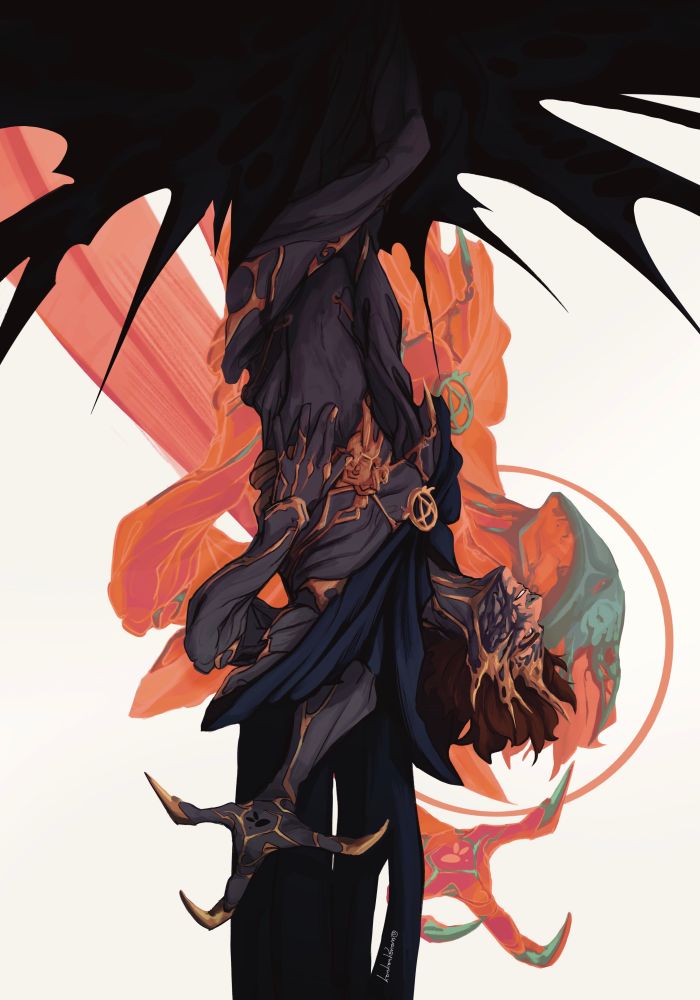 Viktor (Arcane), quasi completamente transformato, che fuoriesce a testa in giù da una base simil bozzolo. Dietro di lui in tonalità più calde, è presente una versione di lui completamente transformata, con un'aurela intornonalla testa. Mentre l'occhio di Viktor è rivolto verso lo spettatore, quello dell' Araldo è rivolto di fronte a lui