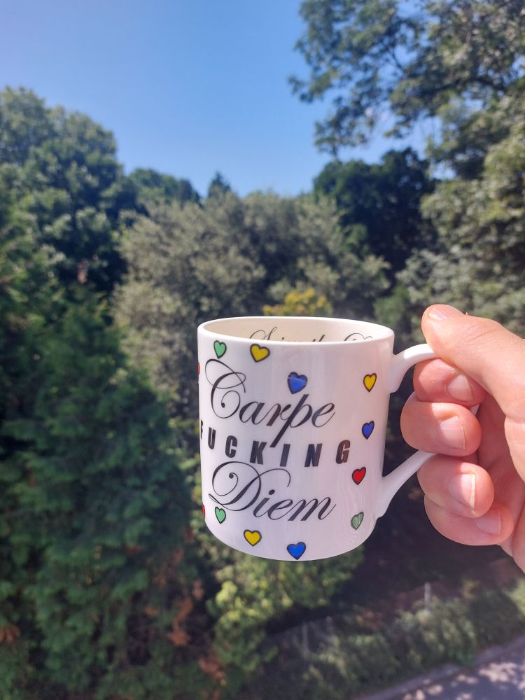 A mug with little hearts and Carpe fucking diem in writing held in hand against blue skies