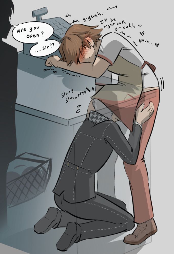 Yosuke is hunched over a Junes checkstand looking very flushed.  A customer approaches, asking if he is open.  Just out of sight Yu is kneeling down under the counter sucking Yosuke off while partially covered by his apron.  Yosuke barely manages to tell the customer that he will be right with them while stifling his moans.