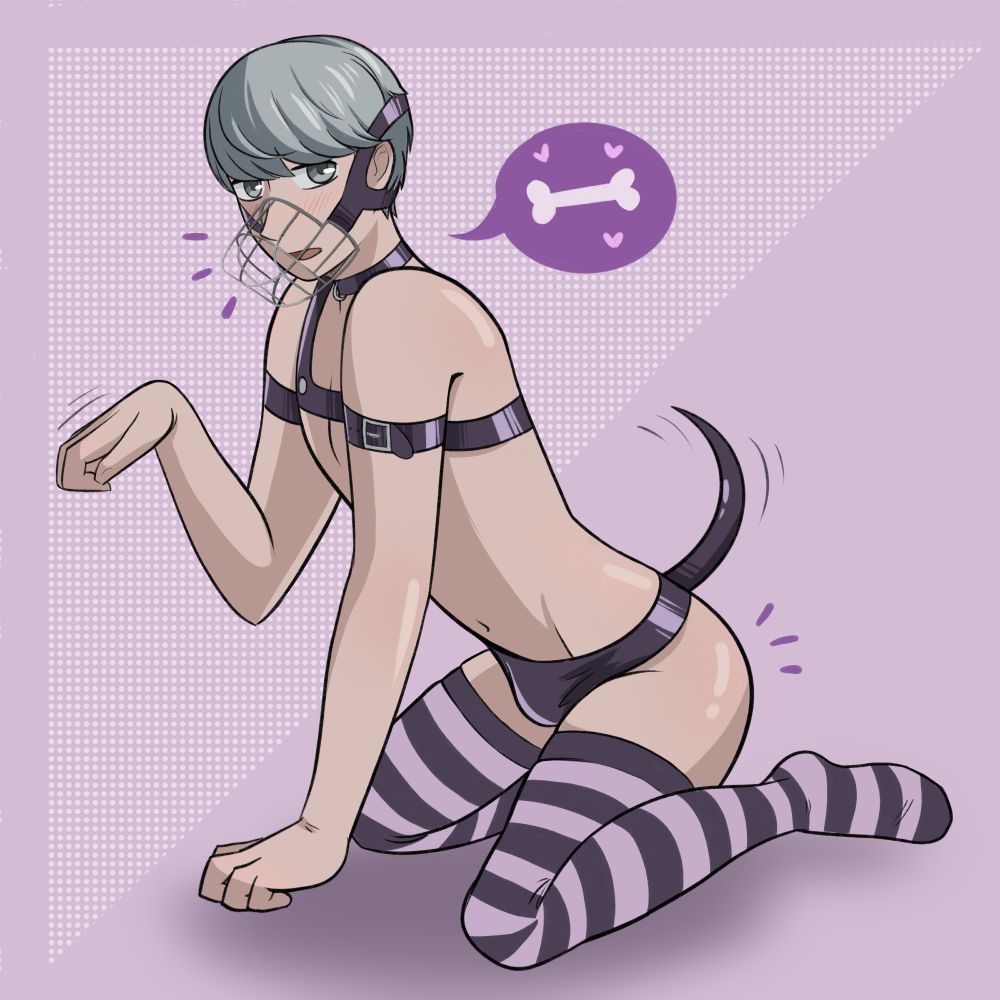 yu narukami kneeling down wearing a wire muzzle, leather harness, collar, a pup-play tail, and thigh high striped black and purple stockings.  he's got a hand up in the air like a paw and is begging for a 'bone'