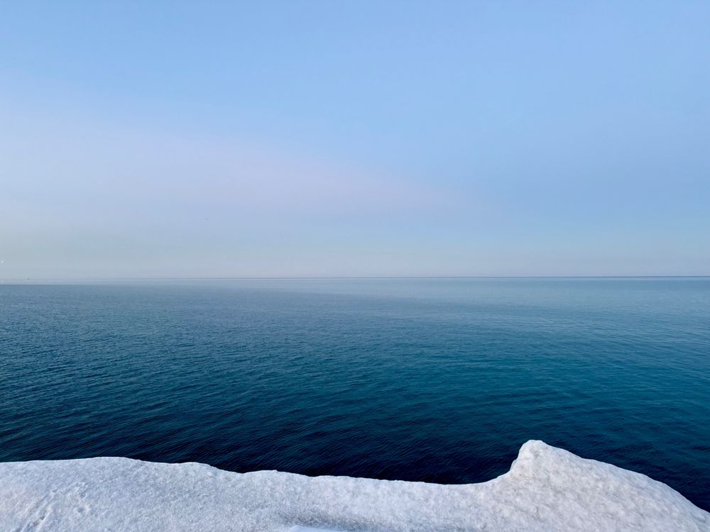Lake Michigan from Promontory Point, Hyde Park, Chicago with snow on the edge of the waterfront