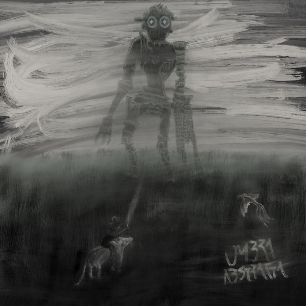 Digital painting of a humanoid colossus in the horizon of a grassfield, everything is foggy, a humanoid female figure  holding a shining sword rides a horse-like giant rat with fishnets, a quetzal bird flying close to them, they are all facing the colossus in the background
