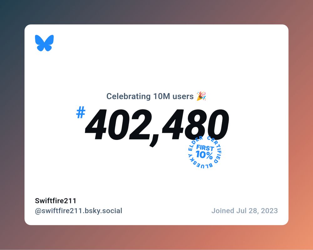 Celebrating 10 million users image for my account (@swiftfire211.bsky.social), user #402,480