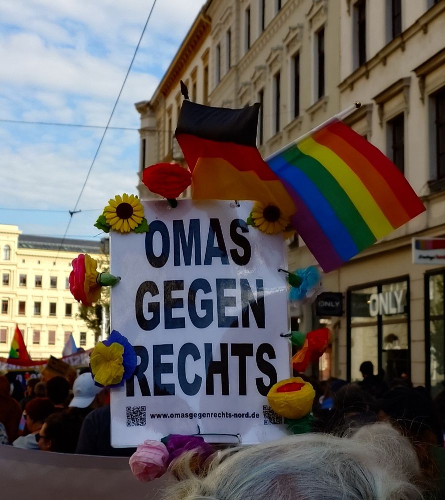 Bunt verziertes Schild "Omas gegen Rechts" 