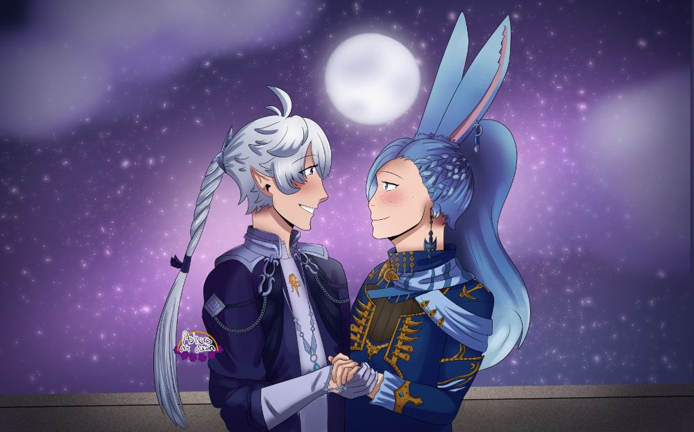 A drawing of Alphinaud dancing with a viera with long hair under a starry sky.