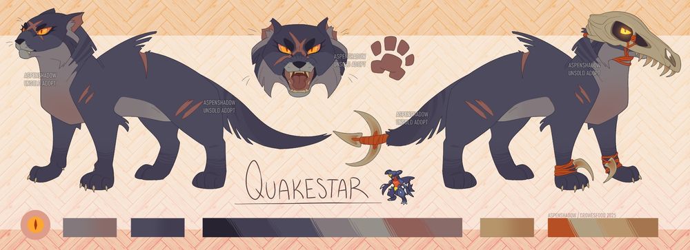 A reference sheet of a blue-gray cat with darker stripes and lighter underbelly. They are heavily scarred and have a sail-like plume of fur on their back. One depiction has them wearing the skull and talons of a velociraptor (but it is not entirely species-accurate).