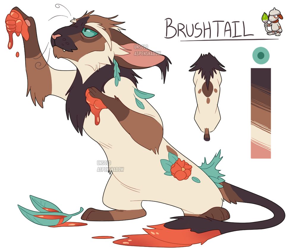 A drawing of a cat. They have a long face, ears, and tail. They've decorated themselves with plants and are painting. Their name is Brushtail.