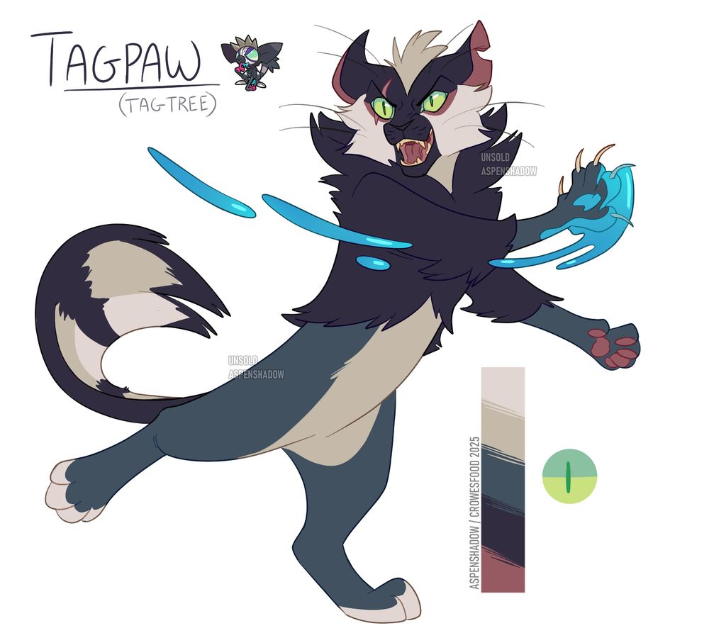 A cat with dark blue-gray fur. They have a tuft of fur on their head and a jacket-like bunch of fur around their midsection. Their name is Tagpaw.