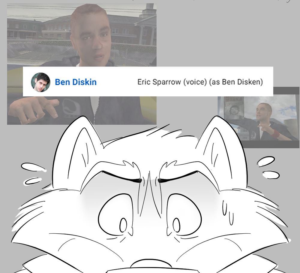 The raccoon sweats, reading that the character "Eric Sparrow" is voiced by Ben Diskin. Semi-transparent pictures of Eric are around her head.