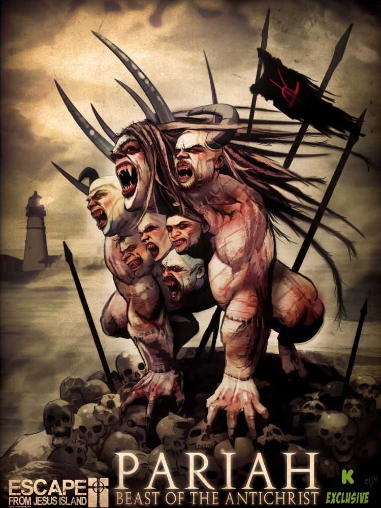 Horror image of a seven-headed humanoid monstrosity crouching on a pile of bones. Text at the bottom identifies the creature as Pariah, Beast of the Antichrist. Artwork by Mortimer Glum.