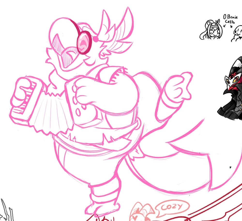 A sketch draw of Vassago from Helluva Boss playing an accordeon while wearing the clothes of Kass from The Legend of Zelda