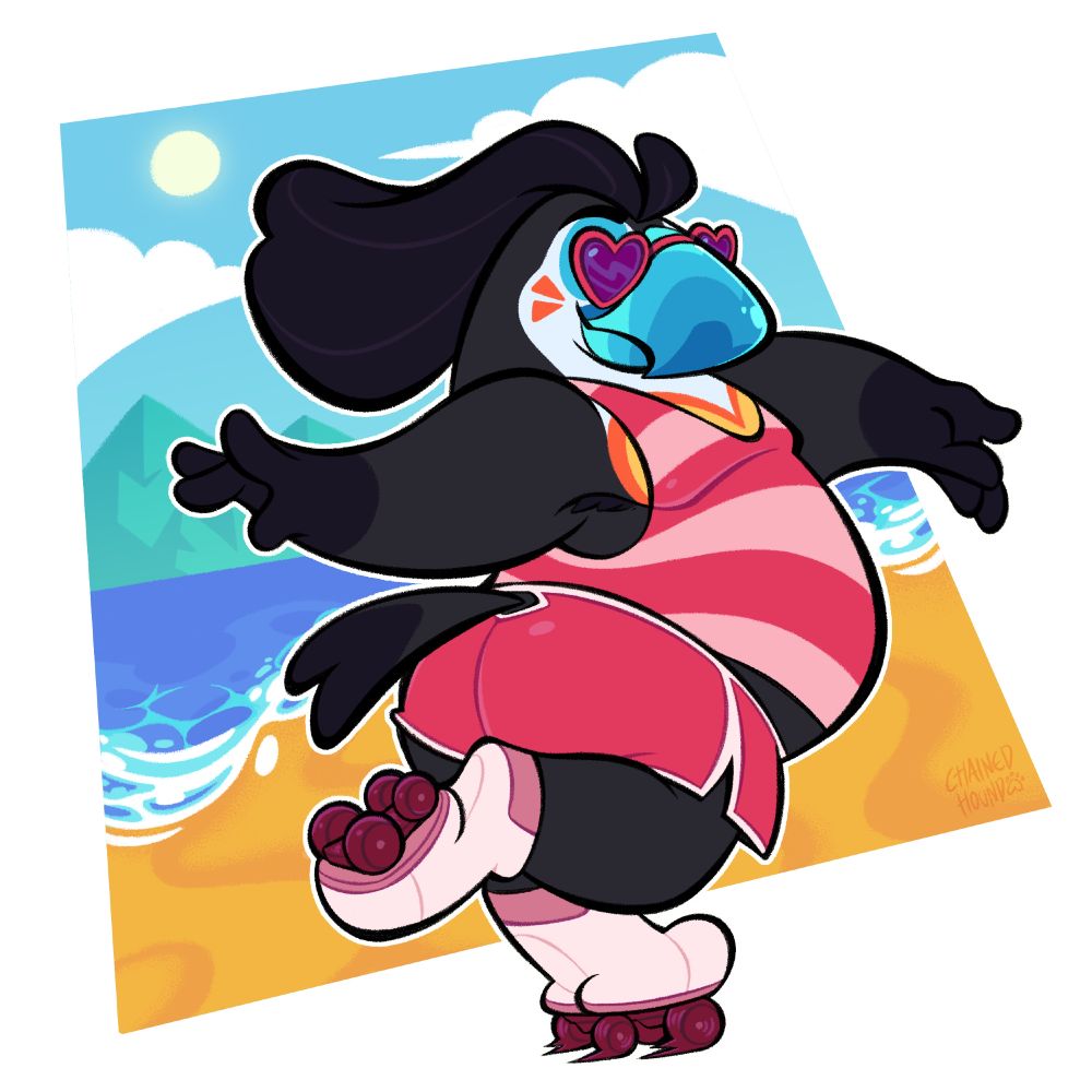 A digital illustration of Julius, an anthropomorphic channel-billed Toucan, skating with roller skates near a beach. 