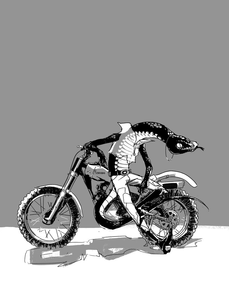 A black and white and grey illustration of a black anthropomorphic snake person (or snerson) leaning against a Honda Reflex trials bike, except the H in the logo is scratched out and above it sits a C. it's very cool