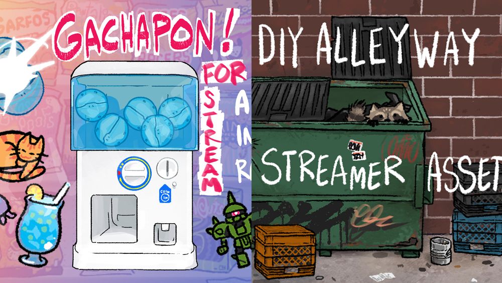 a split preview image for my Gachapon Randomizer and DIY Alleyway Asset Sets available now on my etsy store