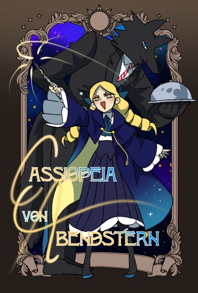 Cassiopeia von Abendstern - blonde girl with twin drill hair and a night blue robe, a werewolf butler stands behind her