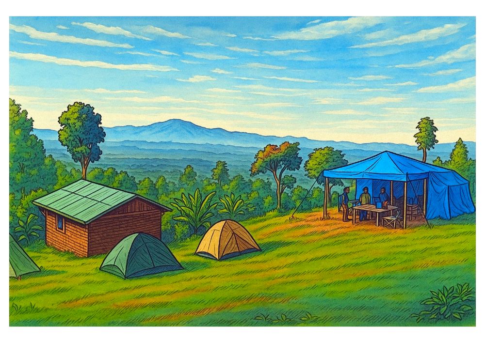 Colourful illustration depicting a view of ethiopian landscape. Green grass, tents, a house and a bigger kitchen tent in blue. 