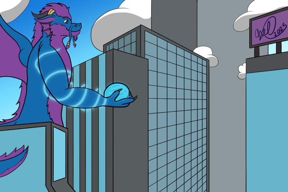Macro/Kaiju size Axel over the city. Magic orb be shiny.