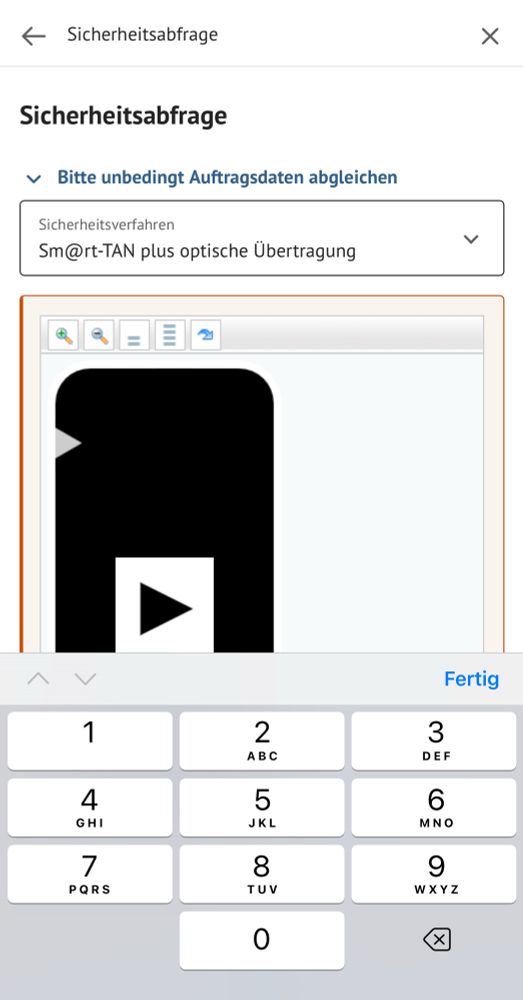 Screenshot eines TAN-Generators einer deutschen Banking-App.