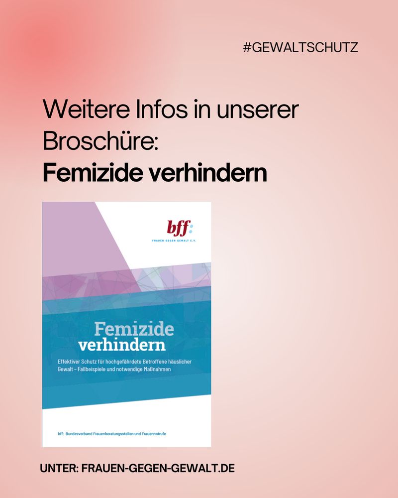 Hinweis auf weitere Informationen in der Broschüre „Femizide verhindern“. Website FRAUEN-GEGEN-GEWALT.DE und Hashtag #GEWALTSCHUTZ.

