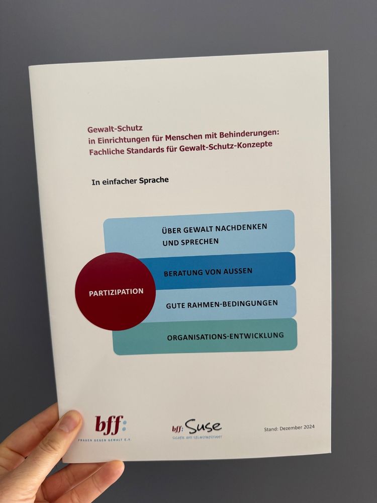 Das Bild zeigt ein Heft.
Der Titel vom Heft ist:
Gewalt-Schutz in Einrichtungen für Menschen mit Behinderungen.
Es geht um Regeln, wie man Menschen dort besser vor Gewalt schützen kann.
Das Heft ist in einfacher Sprache geschrieben.
In der Mitte sieht man vier farbige Kästen:
•	Über Gewalt nachdenken und sprechen
•	Beratung von außen
•	Gute Rahmen-Bedingungen
•	Organisations-Entwicklung
Ein roter Kreis mit dem Wort Partizipation liegt auf den Kästen.
Das bedeutet: Menschen mit Behinderungen sollen mitmachen und mitbestimmen.
Unten stehen zwei Logos:
bff: Frauen gegen Gewalt e. V. und Suse: Sicher und selbstbestimmt.
Das Heft ist vom Dezember 2024.
