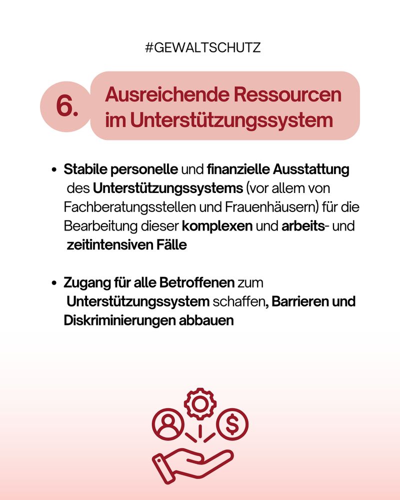Rosa Infografik mit der Überschrift „Ausreichende Ressourcen im Unterstützungssystem“. Aufzählung: stabile personelle und finanzielle Ausstattung von Fachberatungsstellen und Frauenhäusern; Zugang für alle Betroffenen; Barrieren und Diskriminierung abbauen.