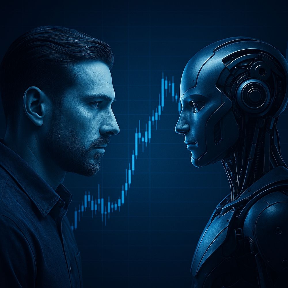 Human trader and AI robot face each other in front of a glowing trading chart — symbolizing collaboration between human intuition and artificial intelligence at Otet Markets.