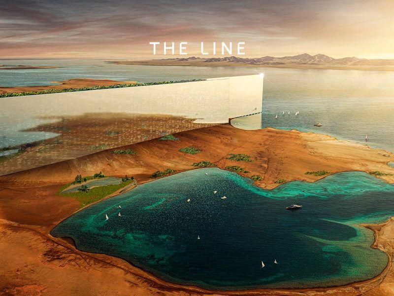 a giant mirror in the middle of the desert meant to depict "the line", a bullshit saudi megaproject 