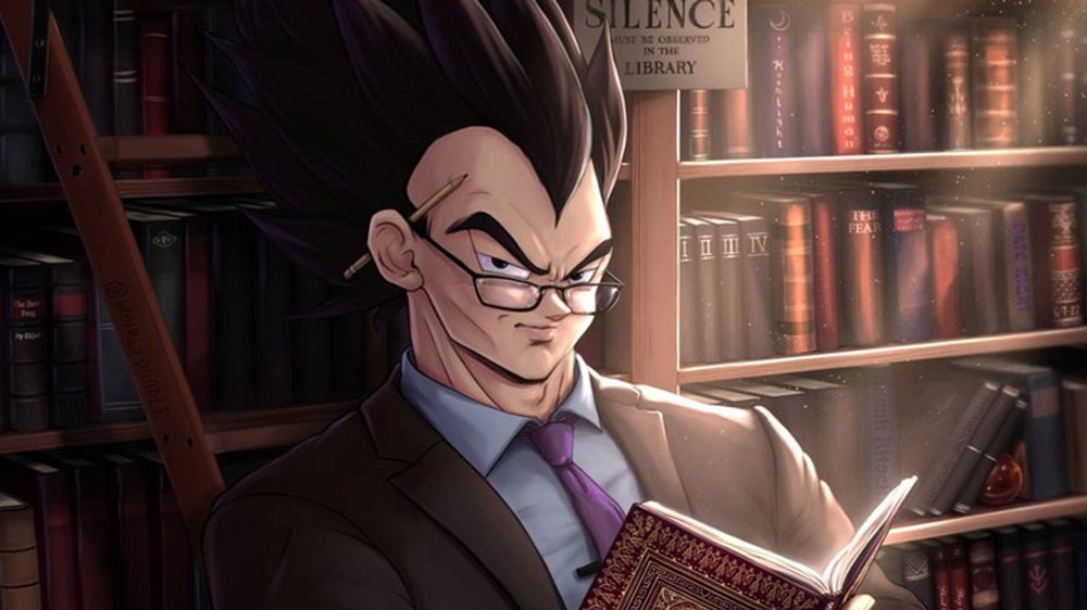 vegeta in a suit reading a book glaring at the pov of the camera