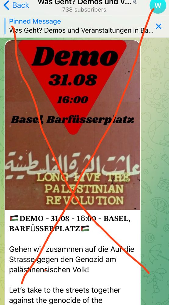Ein Screenshot von einem Post im Telegramm-Kanal „Was geht? Demos und Veranstaltungen in Basel“.

Auf der Grafik ist zuoberst ein auf der Spitze stehendes rotes Dreieck, darunter steht DEMO, Zeit & Ort, Basel, Barfüsserplatz, Long live the palestinian revolution“
Im Post der Text: „🇵🇸𝐃𝐄𝐌𝐎 - Datum, Zeit Ort - 𝐁𝐀𝐒𝐄𝐋, 𝐁𝐀𝐑𝐅Ü𝐒𝐒𝐄𝐑𝐏𝐋𝐀𝐓𝐙🇵🇸

Gehen wir zusammen auf die Auf die Strasse gegen den Genozid am palästinensischen Volk! 

Let’s take to the streets together against the genocide of…“
