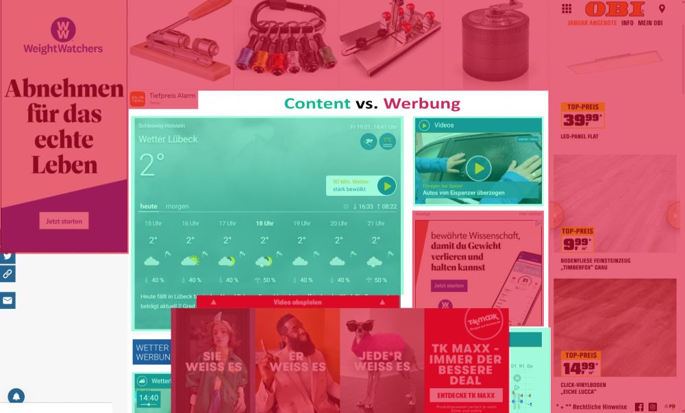 Comparison of wetteronline.de web-content, showing relevant content with a green and advertisement with a red overlay, where the red parts dominate the whole picture.