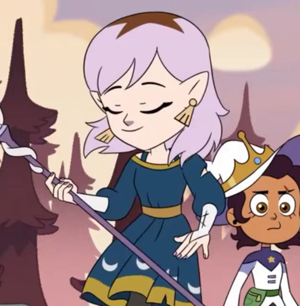 a cartoon girl with purple hair is holding a wand next to another girl with a crown on her head