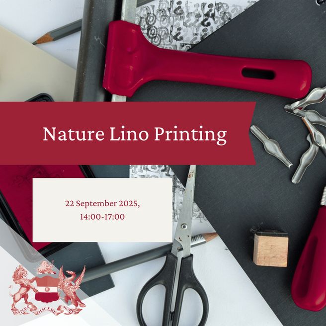 The text "Nature Lino Printing. 22 September 2025, 14:00-17:00" on a background of lino cutting tools, ink rollers and scissors