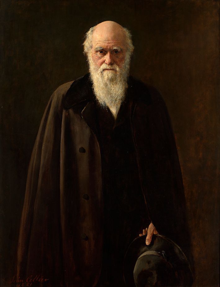 Collier's 1881 portrait of Charles Darwin, who stands in a large brown overcoat against a brown background. He is holding a hat and has a white beard and downcast expression.