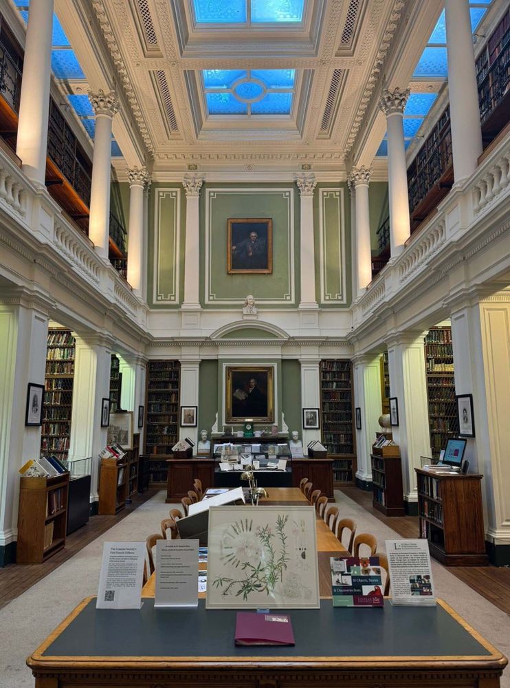 A view of the Linnean Society Library. It is warmly lit, with two stories of books held aloft by pillars. 