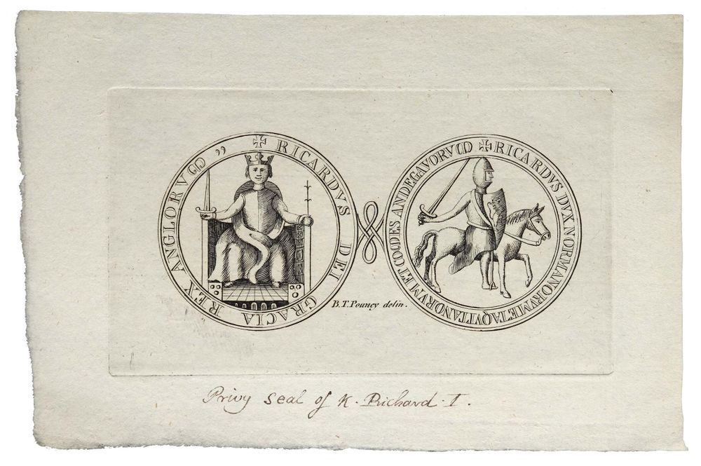 Two detailed seals, one showing the king atop his throne, the other showing a knight on horseback.