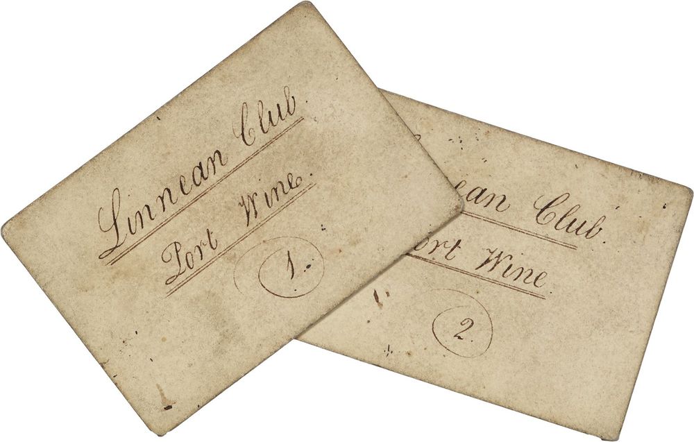 Drink tokens (LDC/9) (The Linnean Society of London). The text, in cursive handwiriting, reads 'Linnean Club. Port Wine. 1'