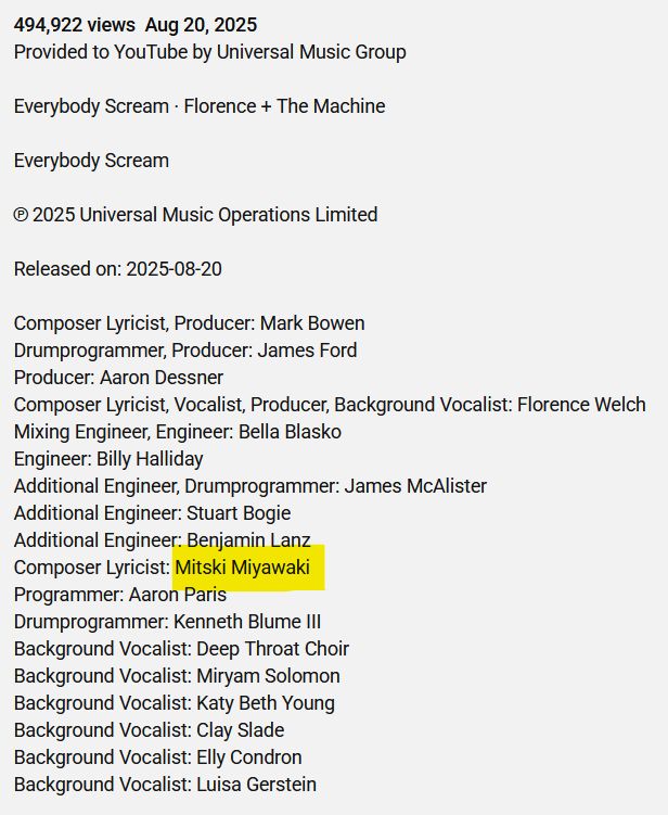 Youtube description box for Everybody Scream by Florence + The Machine, with "Composer Lyricist: Mitski Miyawaki" highlighted. 