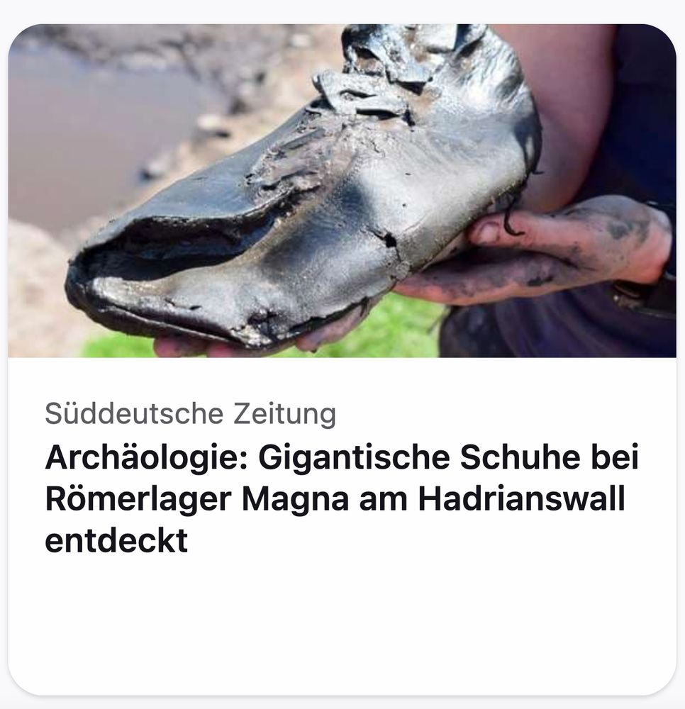 screenshot von süddeutsche, ein Mann mit verdreckten Händen hält einen gigantischen Schuh aus einem archäologischen Fund