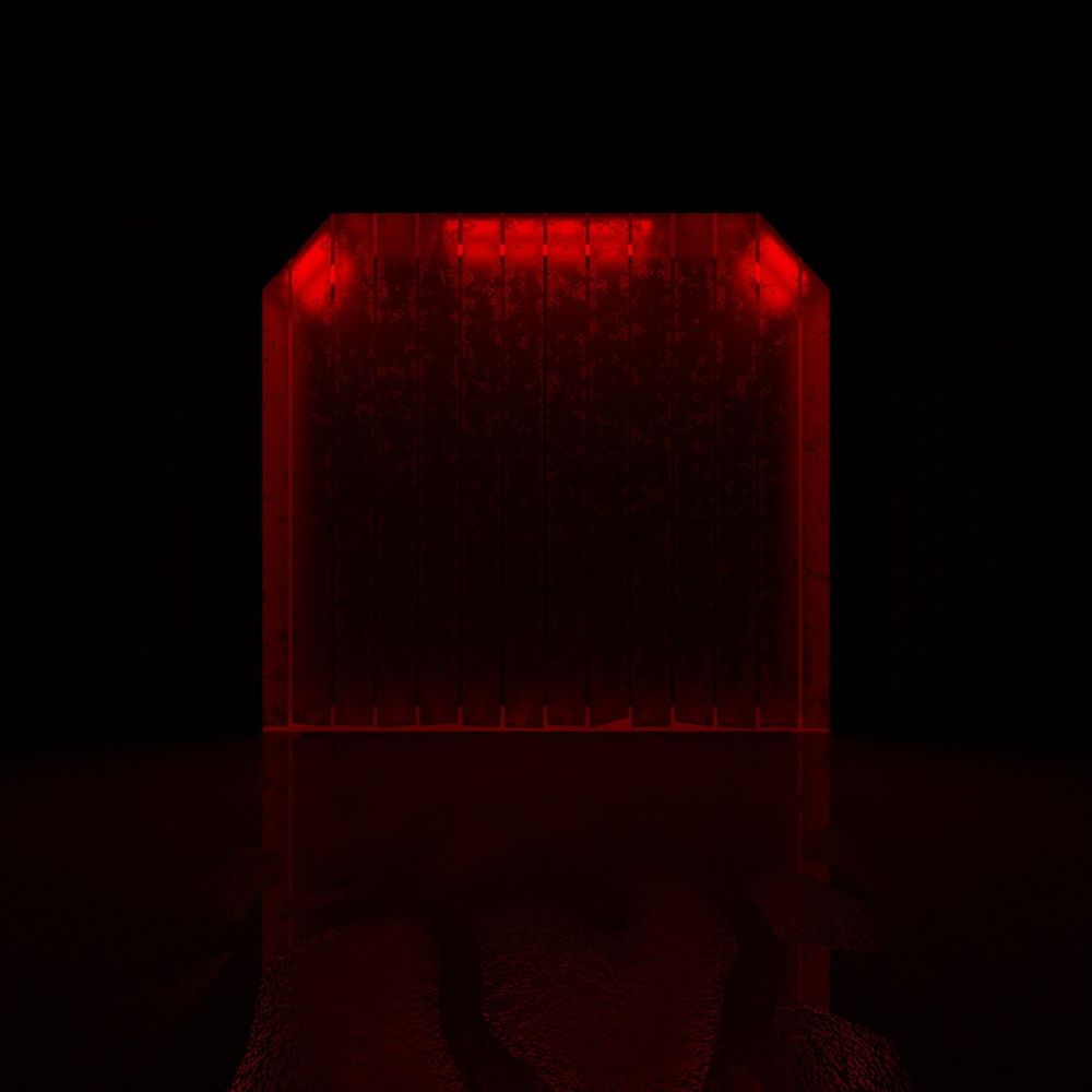 Dark hallway with wet ground leading to a doorway with hanging plastic drapes, backlit by deep red ceiling lights