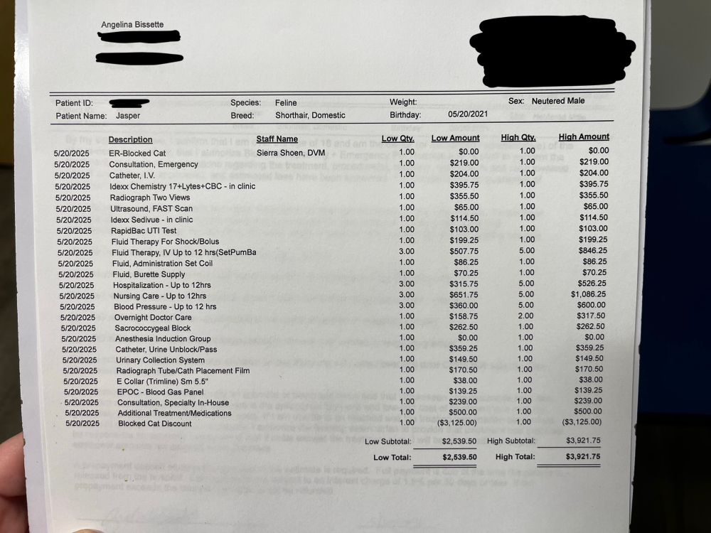 vet bill is low end $2,539.50 and high end $3,921.75

Description
ER-Blocked Cat
Consultation, Emergency
Catheter, I.V.
Idexx Chemistry 17+Lytes+CBC - in clinic
Radiograph Two Views Ultrasound, FAST Scan
Idexx Sedivue - in clinic
RapidBac UTI Test
Fluid Therapy For Shock/Bolus
Fluid Therapy, IV Up to 12 hrs(SetPumBa Fluid, Administration Set Coil Fluid, Burette Supply
Hospitalization - Up to 12hrs Nursing Care - Up to 12hrs
Blood Pressure - Up to 12 hrs
Overnight Doctor Care Sacrococcygeal Block
Anesthesia Induction Group
Catheter, Urine Unblock/Pass Urinary Collection System
Radiograph Tube/Cath Placement Film
E Collar (Trimline) Sm 5.5"
EPOC - Blood Gas Panel
Consultation, Specialty In-House Additional Treatment/Medications
Blocked Cat Discount